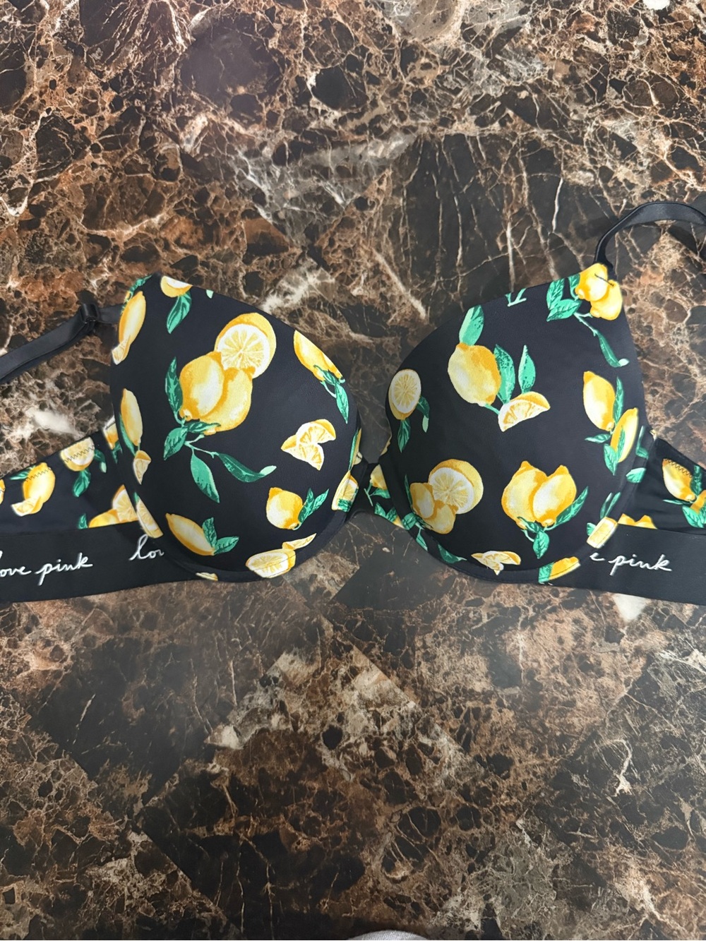PINK Lemon Print Black Push-Up Bra